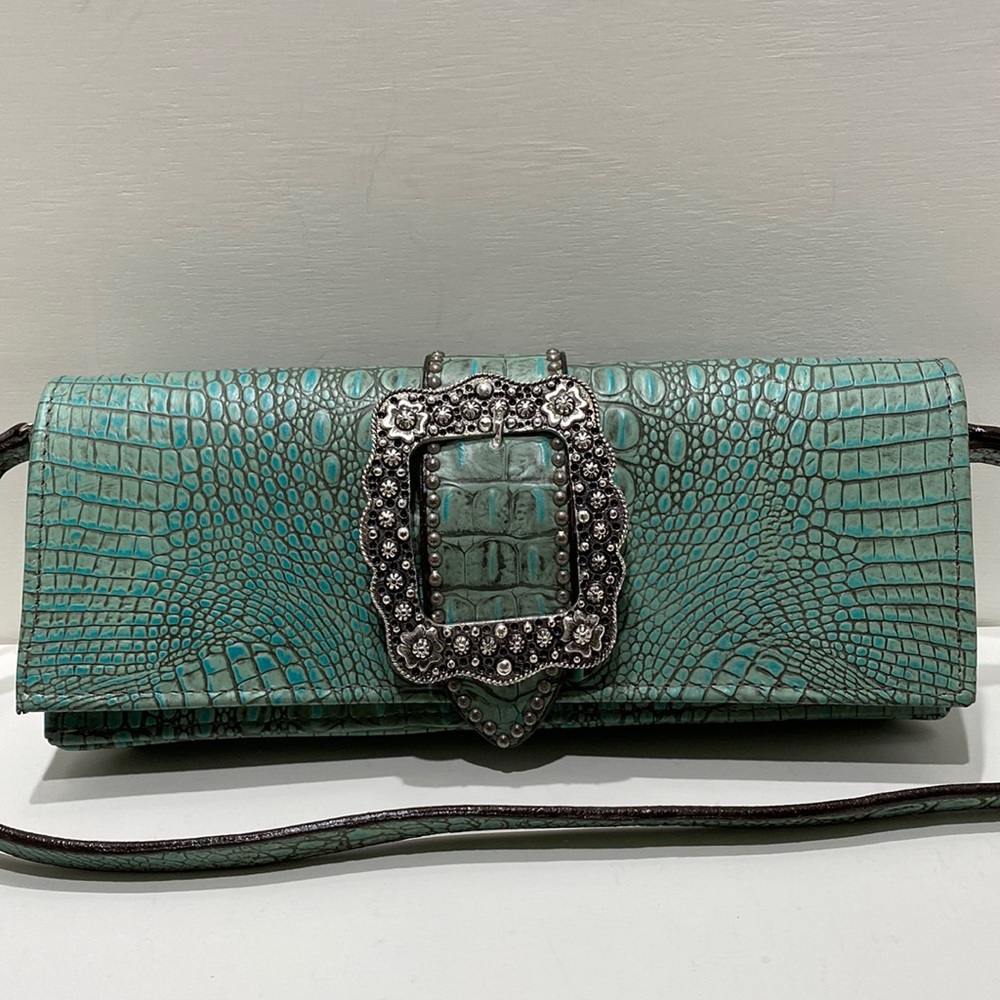 DOUBLE J SADDLERY Teal Croc Embossed Leather Clutch/ Shoulder Bag